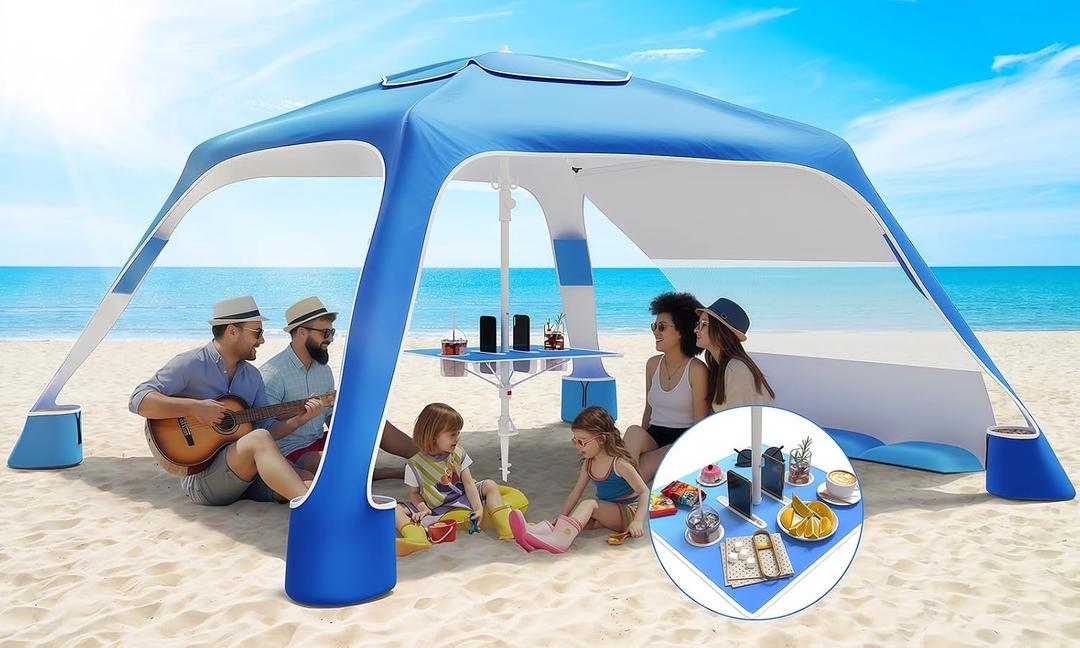 Beach Cabana, 6.5'6.5' Cool Cabana, UPF50+ Beach Canopy, Adjustable Height Beach Tent Sun Shelter, Beach Shade Sun Umbrella with Removable Side Wall and Folding Table (Blue Gradient)