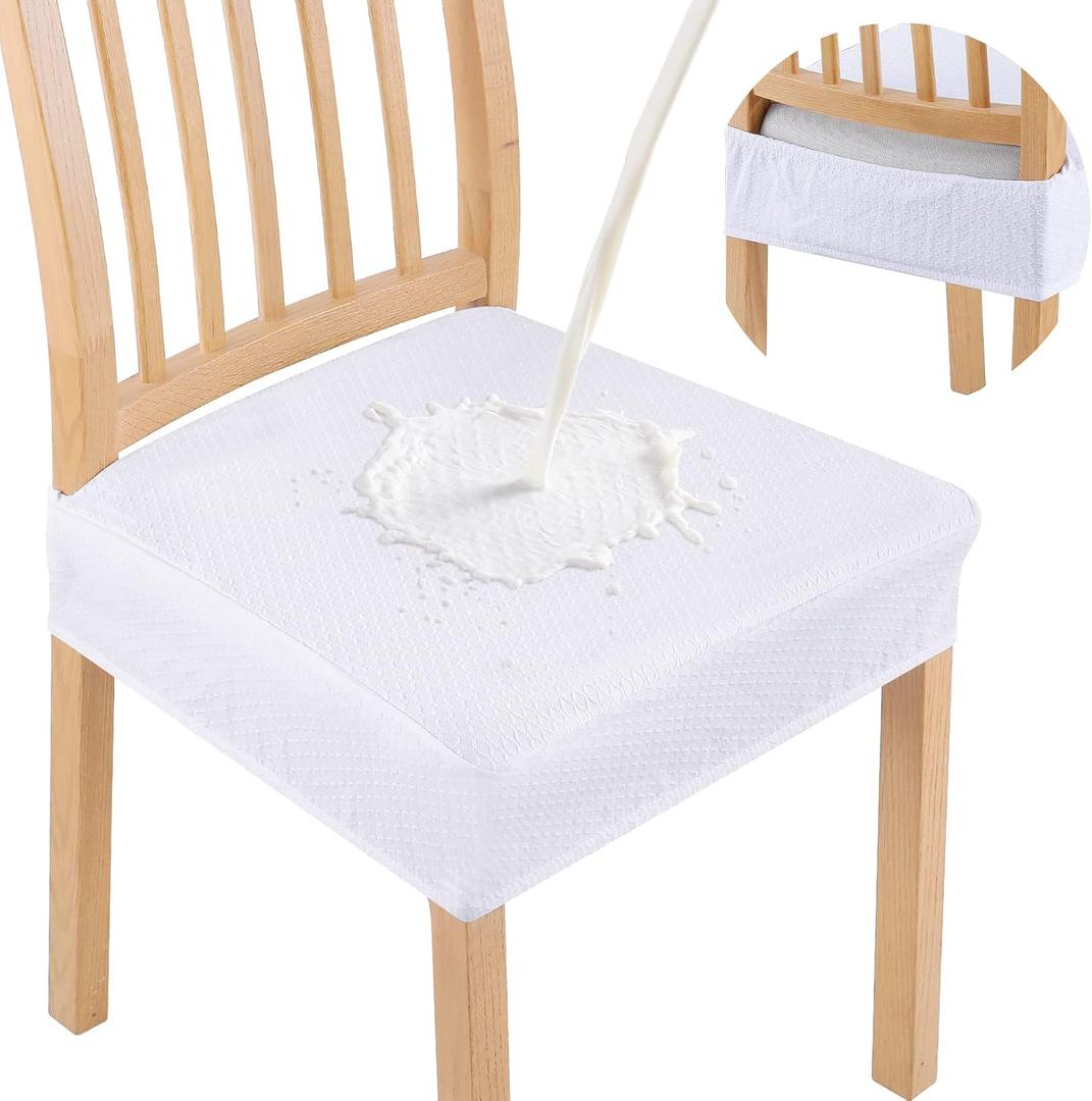 Smiry Waterproof Seat Covers for Dining Room Chairs Set of 6, Stretch Jacquard Removable Washable Chair Seat Slipcovers Protector, No Rear Covers, White