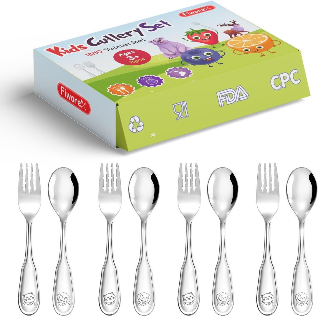 8 PCS Toddler Utensils,18/10 Stainless Steel Kids Silverware Forks and Spoons Set, Flatware with Dog & Cat Pattern for Children Ages 3-7 Year Old, Anti-Slip Forks, Mirror Polished, Dishwasher Safe