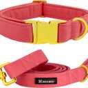 Maca Bates Dog Collar and Leash Set, Adjustable Solid Dog Collar and Leash for Small Medium Large Dog with Golden Metal Buckle (set-peach red)