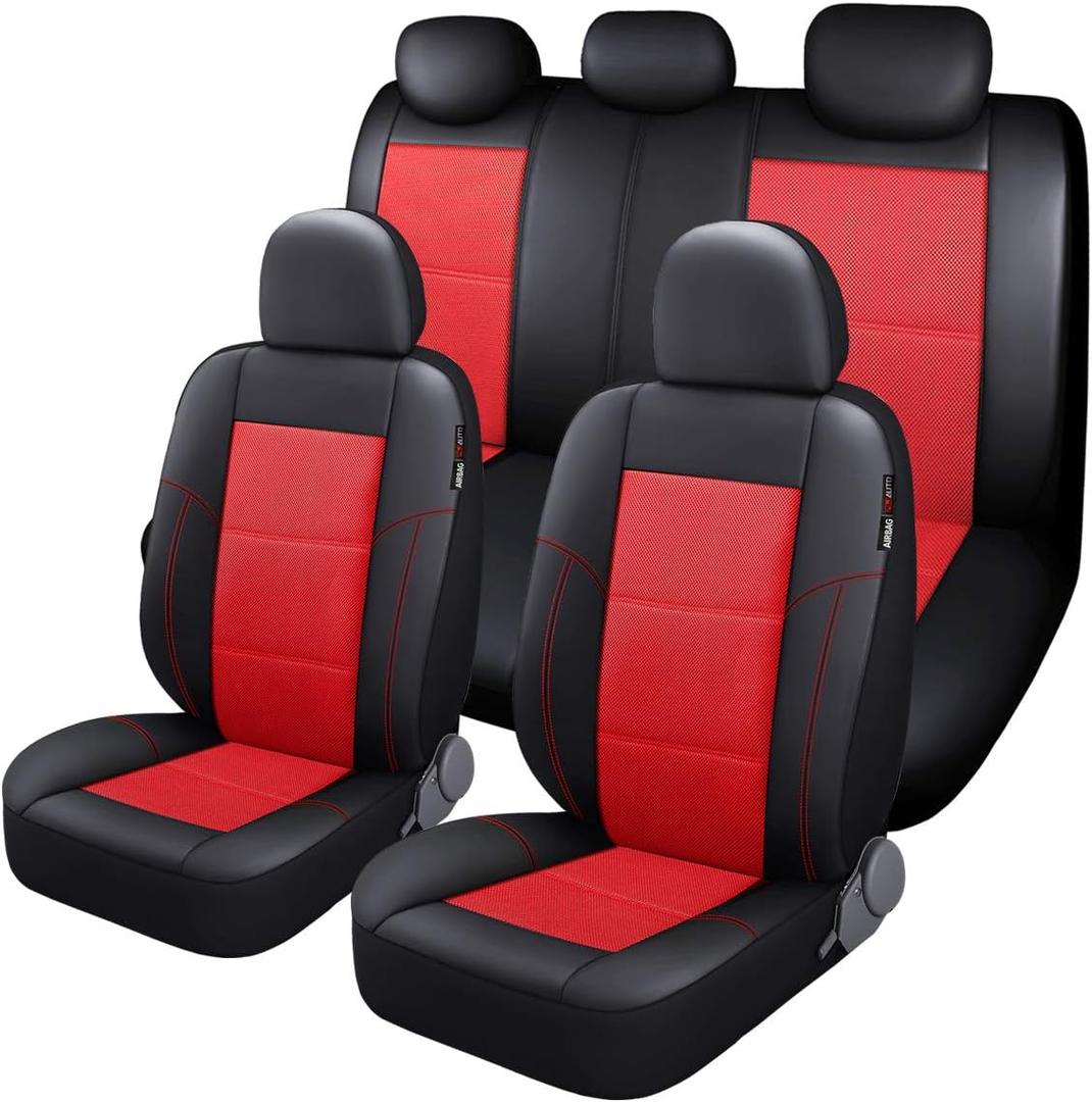 P&J AUTO Leather and Mesh Car Seat Cover Full Set in 9pcs Universal Fit for Cars Trucks Vans & SUVs Airbag Compatible (Red)