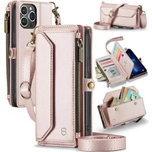Strapurs Wallet Case Compatible with iPhone 13 Pro Max RFID Blocking 10-Card Holder Soft PU Leather Magnetic Snap Shoulder Strap Zipper Pocket Phone Case Fit for iPhone 13 Pro Max - Rose Gold