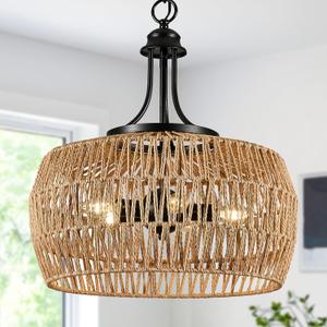 18 Large Rattan Light Fixture, Rattan Chandeliers for Dining Room, 5-Light Boho Fixture with Twine Making Lampshade, Adjustable Height, Chandelier for Kitchen, Bedroom (Brown)