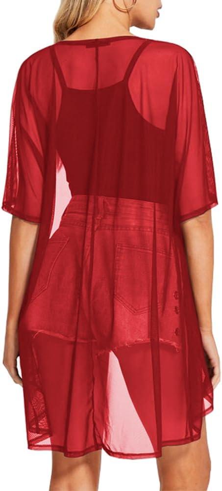 BelleLovin Sheer Cardigans for Women Half Sleeve Open Front Mesh Kimono Coverups (X-Large, Red)