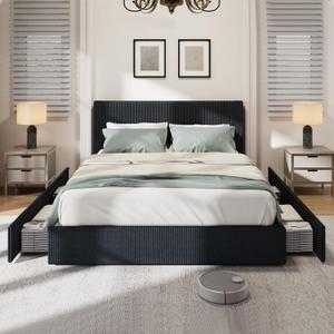 GarveeHome Bed Frame, Full Size Platform Bed Frame with 4 Storage Drawers, Upholstered Corduroy Channel Tufted Headboard Bed Frame with Strong Wooden Slat Support, No Box Spring Needed, Black