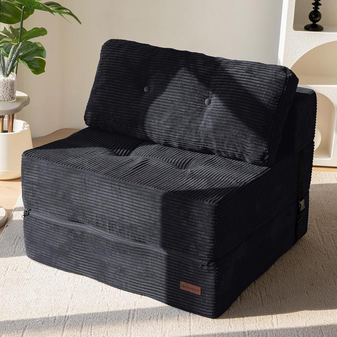 MAXYOYO Folding Sofa Bed, Convertible Sofa Bed with High-Density Support Foam, Portable 4 in 1 Fold Out Chair to Floor Lounger, Versatile Floor Couch for Living Room Bedroom, Black (Large)