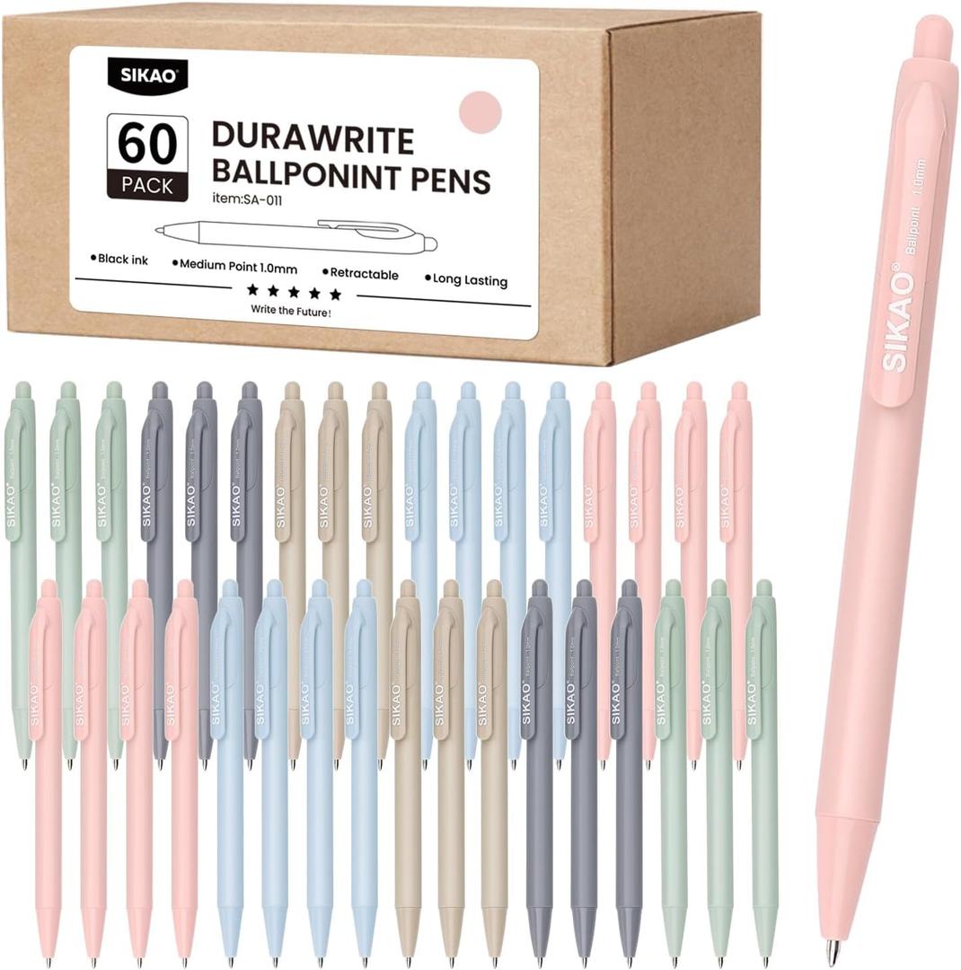 Morandi Pens Bulk, 60 Pack Retractable Ballpoint Pens Black Ink 1.0mm Medium Point, Aesthetic Bulk Pens for Smooth Writing, Cute Muted Multi-Color Set for School Supplies, Teachers & Office Front Desk