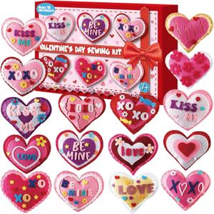 16 Sets Valentine's Day DIY Sewing Kit Heart Craft Kit Valentines DIY Stuffed Sewing Set for Beginners Heart Educational Gift Set for Kids Valentines Felt Ornaments Decoration for Boys and Girls