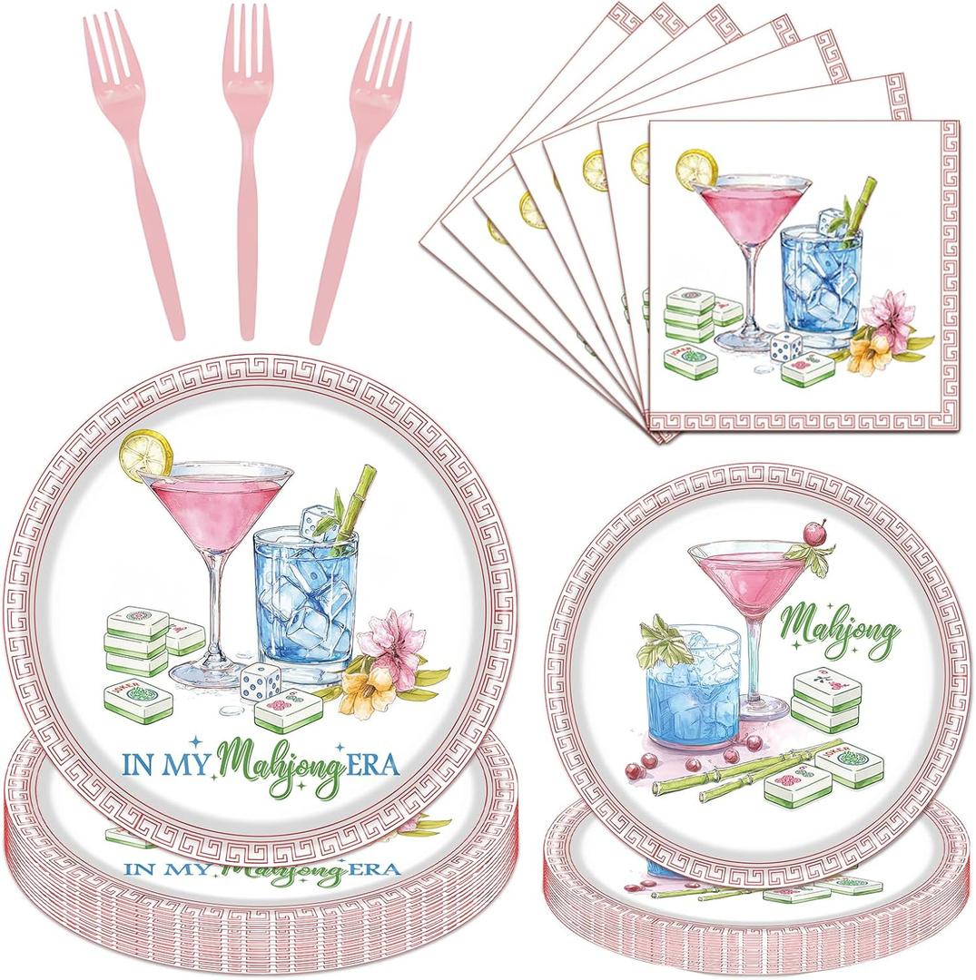 Mahjong Party Tableware Decorations, 96PCS Mahjong Disposable Paper Plates and Napkins Birthday Decoration, In My Mah jong Era Forks Decor Supplies, Serve 24