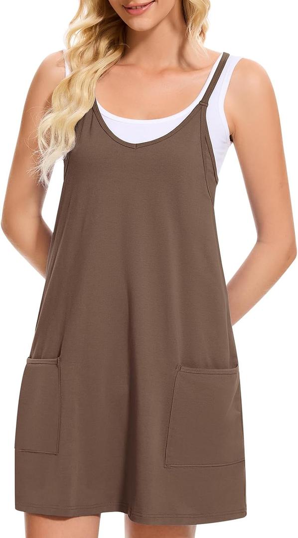 Women Tennis Workout Romper Mini Dress Summer Sleeveless Spaghetti Strap Athletic Sports Dress with Shorts (S)