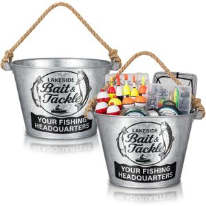 Honeydak 2 Pack 8 x 5.5 Inch Fishing Galvanized Metal Bucket Fishing Party Decorations Metal Bucket with Sturdy Rope Handle for Fisherman Ofishally One Birthday Decorations
