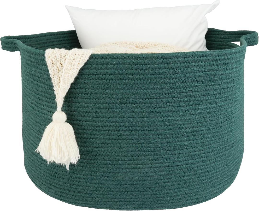 Large Cotton Rope Basket  22"x14" Woven Storage Basket for Blankets, Toys, Laundry, and Nursery  Round Baskets for Living Room and Kids Dark Green