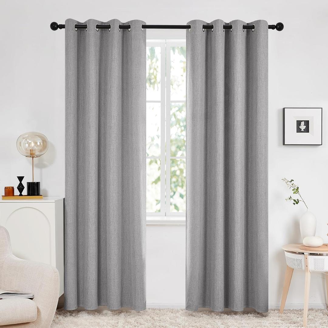Deconovo Total Blackout Curtains Linen Curtains Room Darkening Curtains with Grommets for Bedroom Living Room Kids Room, 2 PanelsGrey52Wx84L Inch