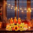 Thanksgiving Dining Table Centerpiece with 3 Wick Candle Holders Fall Candelabra Centerpiece Harvest Autumn Fall Decorations Holiday Candleabrum Decorated with Sunflower Blooms Pumpkin Maple Leaves