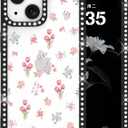 Skyseaco for iPhone 15 Case Glitter, Cute Clear Flower Floral Pattern for Women Girls, Bling Sparkly Double-Sided Rhinestones, Soft Shockproof Protective Cover, Black