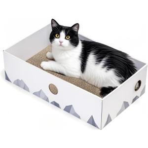 Cat Scratcher Box with Heavy-Duty Double-Sided Cardboard Pad, Cardboard Lounger, Interactive Hole Design, Cat Bed for Indoor Cats, White, Large (L-1 Pack)