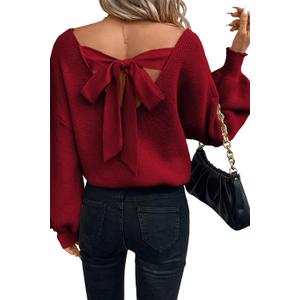 Womens Bow Back Sweater Sexy Off The Shoulder Pullover Sweaters Oversized Long Sleeve V Neck Knit Tops (Large, Burgundy)