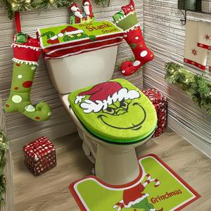 Christmas Decorations - 4 Pack Bathroom Decor - Xmas Dcor Toilet Lid Cover, Tank Cover, U-Shaped Rug & Seat Cover Pad for Home Indoor Bathroom