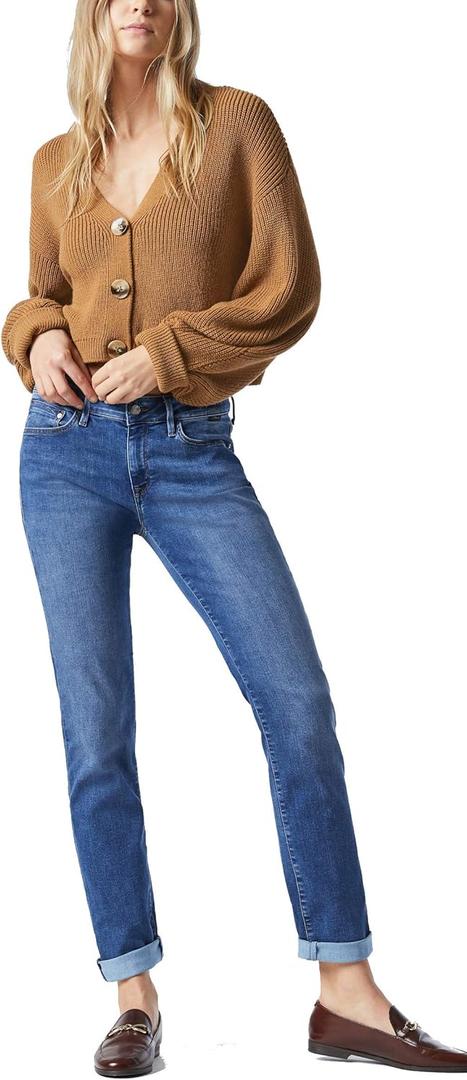 Mavi Women's Emma Mid Rise Slim Boyfriend Jeans Premium Stretch Denim, Comfortable Skinny Jeans, Straight & Bootcut Jeans, (Blue, M)