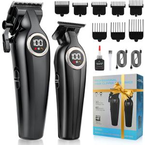 Hair Clippers for Men Professional, Cordless Barber Clippers and Trimmers Set, Electric Clippers for Hair Cutting Kit with LED Display, Gift for Men (Black1)