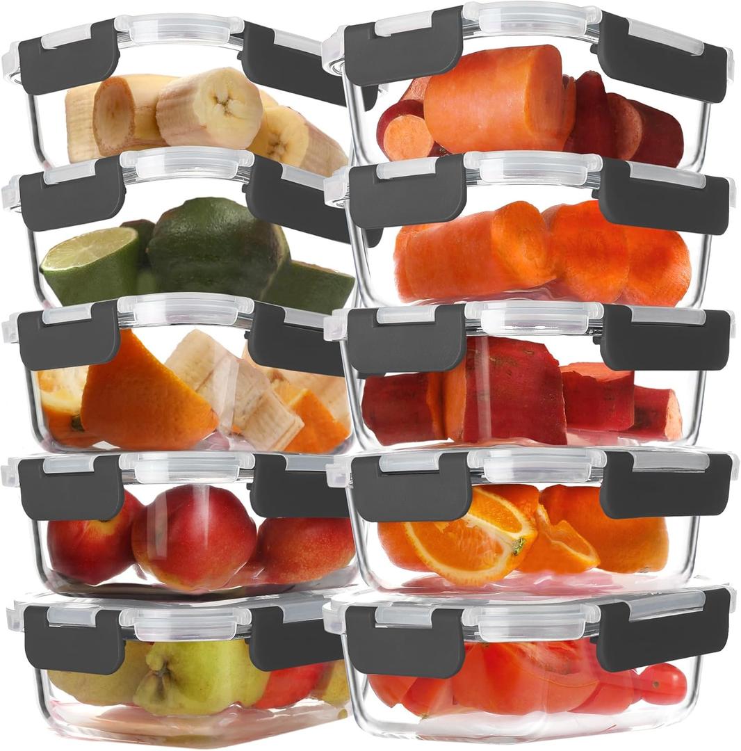 BAYZZ 10 Pack 22 oz Glass Meal Prep Containers, Glass Food Storage Containers with Airtight Lids, BPA-Free, Freezer and Microwave Safe (Gray)