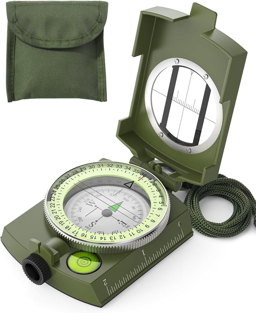 Sportneer Compass: Accurate Durable Lightweight Orienteering Compass with Strap and Carrying Case, Glow in The Dark Waterproof Hiking Essentials for Camping Backpacking, Best Survival Gifts for Kids (Army Green)
