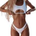 SherryDC Women's Sexy Scoop Neck Padded Cutout Strappy Thong Bikini Set Swimsuit (01 White) S 