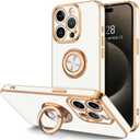 Hython for iPhone 15 Pro Max Case with Ring Stand, 360 Rotatable Ring Holder Magnetic Kickstand, Plating Rose Gold Edge Soft Cover Protective Phone Case for iPhone 15 Pro Max 6.7", White