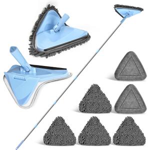 NEWE Wall Washer Mop with 80 Inch Long Handle, Wall and Ceiling Cleaner, 180 Folding Wall Scrubber with Long Handle, Triangle Baseboard Scrubber, 4 Chenille Duster & 2 Microfiber Pads (Chambray Blue)