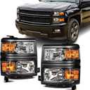 Headlights Assembly for 2014 2015 Chevy Silverado 1500 Halogen Head Light Headlamp Replacement Driver and Passenger Side, Black Housing Amber Side
