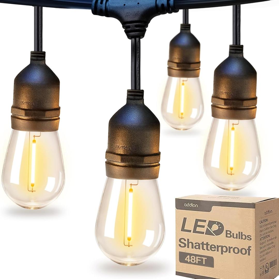 Addlon LED Outdoor String Lights 48FT with Edison Vintage Shatterproof Bulbs and Commercial Grade Weatherproof Strand - ETL Listed Decorative Lights for Patio Garden
