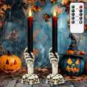 Eldnacele Halloween Flameless Taper Candle Lights Battery Operated with Remote and Timer, 2 Pack Skeleton Hand Holders Black Dripping Wax Effect LED Flickering Candles Home Decor(3 x 12)