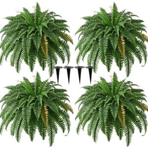 4PCS 45in Fake Ferns- Outdoor Faux Plants, Large UV Resistant Artificial Ferns for Outdoors, Weatherproof Faux Boston Fern Realistic Fake Artificial Plant for Porch Home Garden Patio Hanging Decor