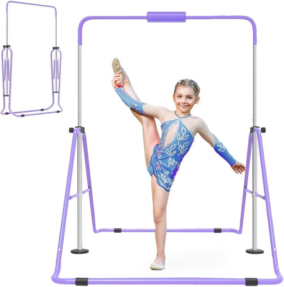 Gymnastics Bar for Kids, Adjustable Height Gymnastic Horizontal Bars with Mat, Folding Gymnastic Training Monkey Bars, Junior Expandable Training Kip Bar for Home