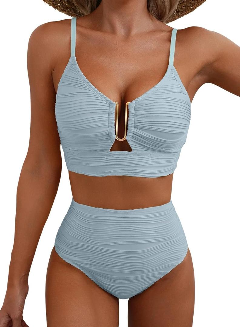 Herseas 2 Piece Bikini Set U-Wire Cutout Popular Swimsuit High Waisted Textured 2026 Summer Beach Swim Bathing Suits (Blue, S)