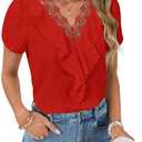 Vrtige Women's Elegant Lace V Neck Petal Short Sleeve Ruffle Work Chiffon Blouse Shirt Top Red X-Small (XS)
