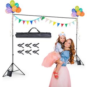 AW Backdrop Stand 10 x 7ft/3m x 2.1m Adjustable Parties Background Support System Stand with 6 Clamps 2 Sand Bags for Studio Photo Event Live Youtuber Classroom Stage for Puppets