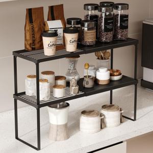 Magheo Expandable Cabinet Shelf Organizer, 2 Pack Stackable Kitchen Counter Shelf Riser, Metal Spice Rack Adjustable Heavy Duty Countertop Organizer Storage for Kitchen, Pantry, Cupboard, Rv (Black)