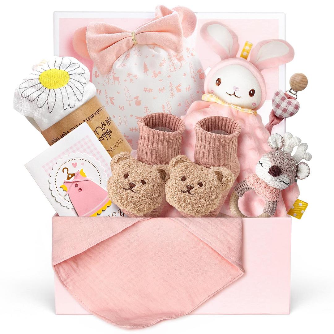 Strawberry Fairy 10 PCS Baby Gift Set for Girls, Newborn Essentials Stuff Baby Girl Gifts, Baby Girl Gift Basket, Gender Reveal Gifts Basket with Rattle Swaddle Blanket