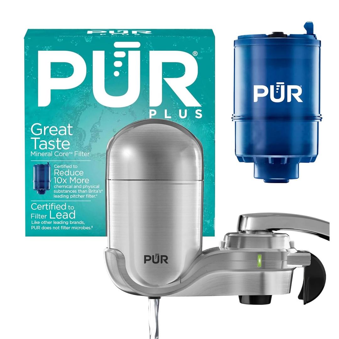 PUR PLUS Vertical Faucet Mount Water Filtration System, Lead-Reducing Filter, Great-Tasting Water, Easy Install, Lasts 100 Gallons, Compatible with Sinks with External Aerators, Stainless Steel