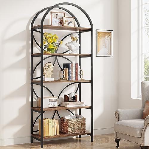 Tribesigns 5-Tier Bookshelf, 75 Inch Tall Arched Bookcase Shelf Storage Organizer, Industrial Book Rack With Metal Frame, Open Standing Display Rack for Bedroom, Living Room, Home Office, Rustic Brown