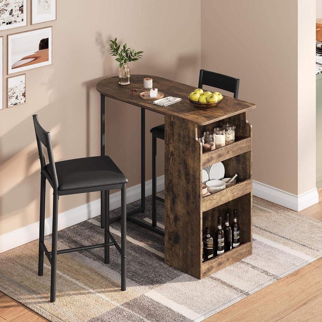 Small Space-Saving Table, Dining & Bar Height with Built-in Storage Shelves, Vintage Style Kitchen Table and Chairs Set, for Compact Kitchen/Dining Room/Breakfast Nook, Vintage