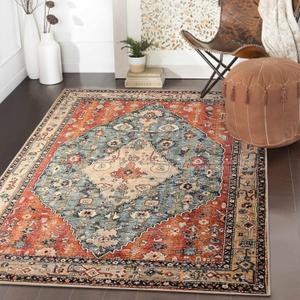 Lahome Boho Tribal 3x5 Washable Entry Throw Rugs for Bedroom, Bohemian Entryway Kitchen Rugs Non Slip Washable, Indoor Low-Pile Carpet for Bathroom Living Room Dining Table (Rust/Dull Teal,3x5ft) (3' x 5', Geometric Tribal)