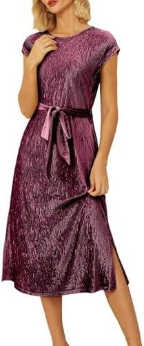 Happy Sailed Winter Fall Sleeveless Crewneck Velvet Casual Dress Party Midi Dresses with Pockets - XL