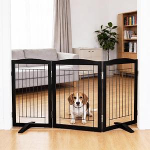 Dog Fence Indoor,Dog Gate Indoor for Doorway pet gate -3-Panel Freestanding, Hallways, House or Stairs -60x24-Inch Retractable Foldable Expandable Wood Pet by SFJC (Black) ﻿
