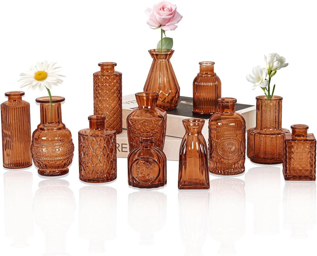 Set of 12 Glass Bud Vase Set, Small Vintage Clear Flower Vase Centerpieces for Table Bulk Cute Rustic Style Mini Vase for Home Decor Wedding Baby Shower Birthday Party(Amber)