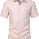 ZEROYAA Men's Linen Shirts Short Sleeve Summer Casual Button Down Beach Shirt with Pocket (Pink, L)