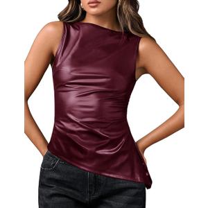 Faux Leather Tops for Women Asymmetrical Hem PU Ruched Fitted Cute Going Out Tank Shirts (Small, Red)