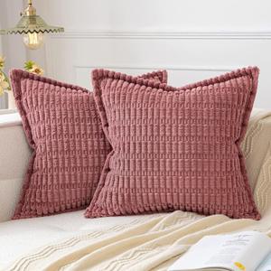 MIULEE Cranberry Red Corduroy Decorative Throw Pillow Covers Pack of 2 Soft Striped Pillows Pillowcases with Broad Edge Winter Modern Boho Home Decor for Couch Sofa Bed 20x20 Inch