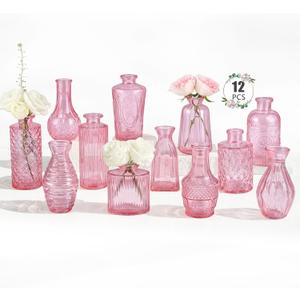 12 Pack Bud Vase in Bulk - BEAHOT Pink Flower Vases for Wedding Decorations, Glass Vase for Table Decorations, Small Vase for Home, Mother's Day, Centerpieces, Party, Office (Pink)